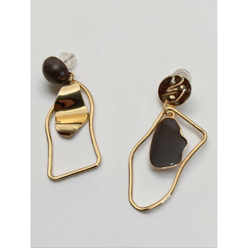 Gold Abstract Geometric Statement Drop Earrings Boho Asymmetrical Artsy - Picture 11 of 15